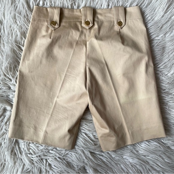 Tory Burch Chino Khaki Tan Beige Logo Buttons Stretch Cotton Bermuda Shorts Sz 0 - Picture 2 of 9
